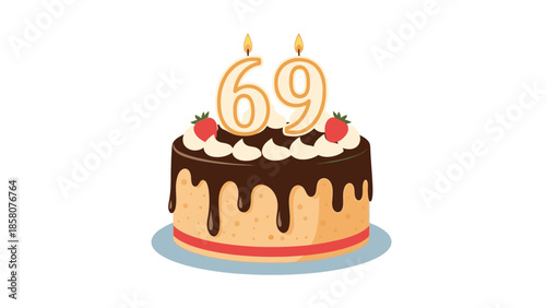 A cartoon-style chocolate cake with white frosting, chocolate drizzle, and lit candles forming the number 69 on top, against a plain white background.
