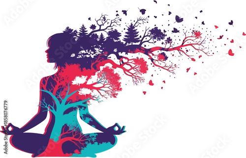 Meditating woman tree fusion