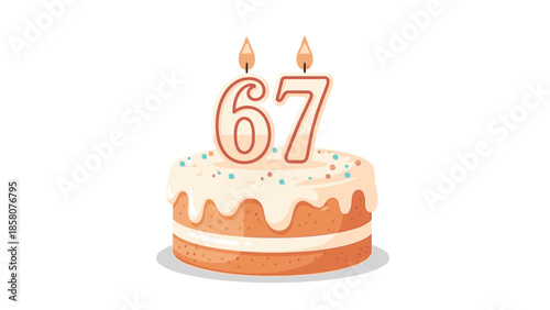 Illustration of a birthday cake with white frosting, orange icing drizzle, colorful sprinkles, and lit candles forming the number 67 on top, against a clean white background.