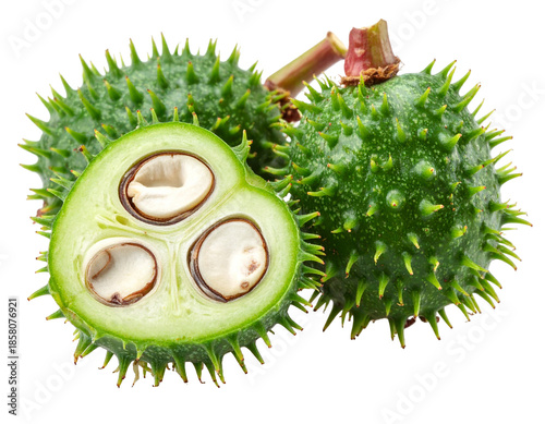 Green Castor Bean Pods with Seeds Isolated on White Background.