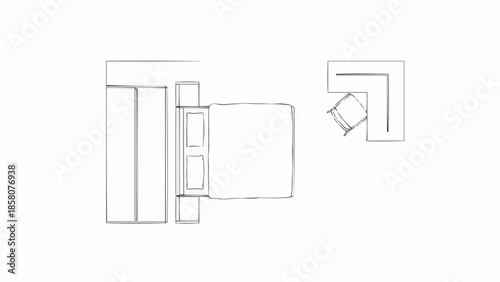 Top view sketch of a bedroom with bed and closet.