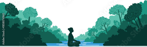 Woman meditating by river