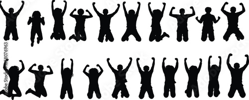 Collection of Joyful People Silhouette Set Jumping in Celebration and Success Representing Youth Energy Community Happiness and Freedom for Diverse Projects