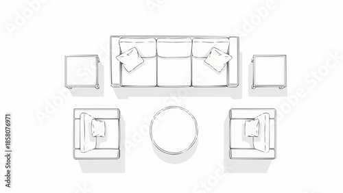 Top view sketch of a modern living room furniture arrangement.