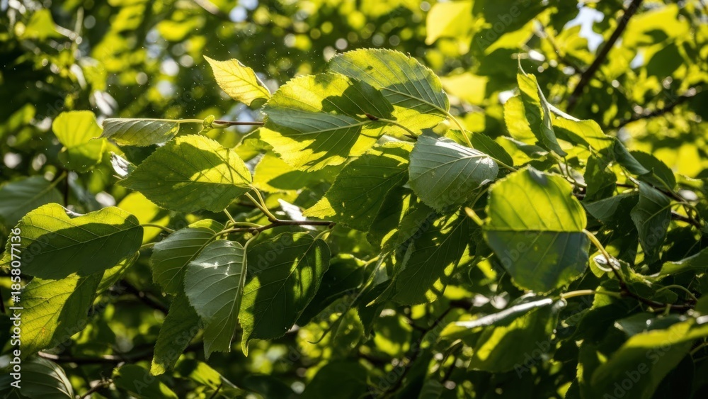 Obraz premium Sunlit green leaves on tree branches with a shallow depth of field in a natural setting.