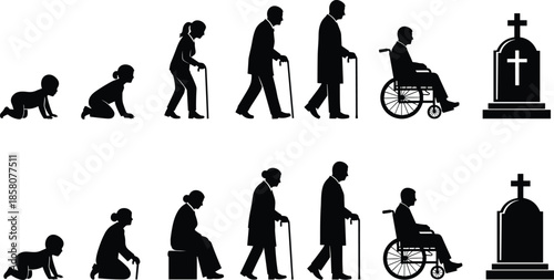Comprehensive Silhouette Illustration Showing the Human Life Cycle From Infancy and Childhood to Old Age Disability and Final Death at Graveside