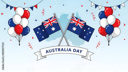 Australia Day celebration background with crossed Australian flags and festive balloons showing patriotic culture unity and national pride in evergreen commercial design concept for buyers