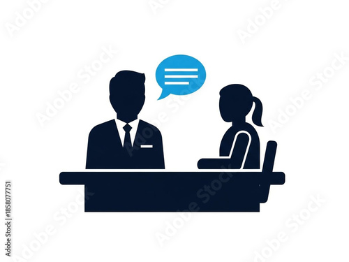 Businessman and woman in meeting with speech bubble