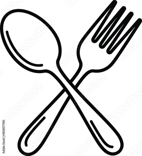 Black and white line art vector of a crossed spoon and fork icon isolated on white background for restaurant branding.