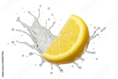 Yellow lemon slice splashing into refreshing water
