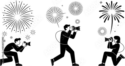 Silhouettes of photographers capturing fireworks with cameras