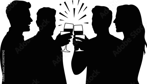 Silhouettes of four people toasting with champagne glasses