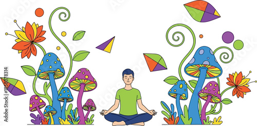 Man meditating fantasy world