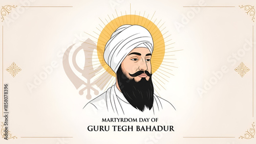 Guru Tegh Bahadur portrait illustration for Sikh religion remembrance faith culture spiritual tribute artwork for martyrdom day celebration background design for community devotion