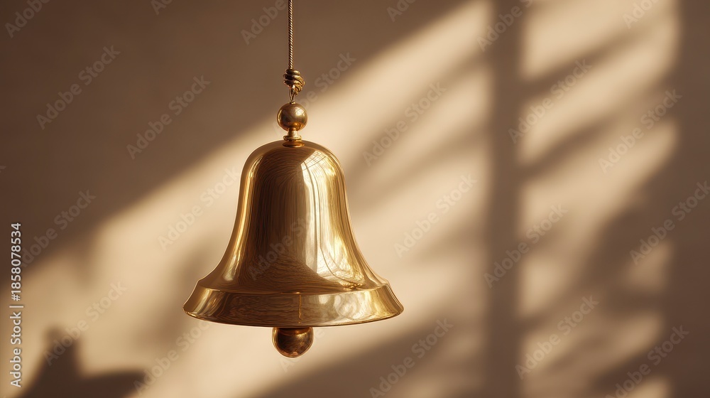 Obraz premium Close-up of a shiny, golden bell suspended by a string, with a soft shadow cast on the wall behind it. The bell is in sharp focus