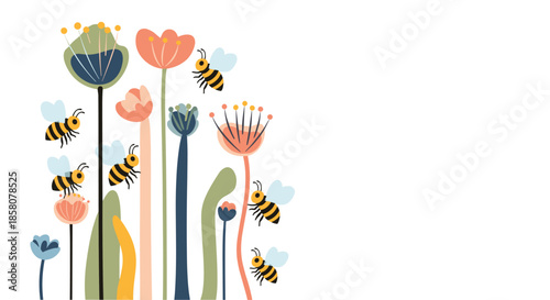 Whimsical illustration of bees buzzing around stylized flowers in a variety of soft colors.