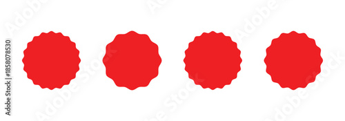 Red starburst badges. Wavy edge promo red badges. Star burst shape tags for price Sale sticker, price tag. Simple silhouette graphic illustration.