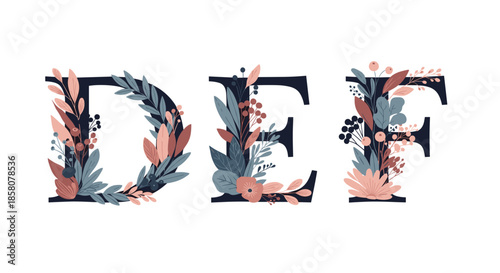 Decorative letters D, E, and F adorned with floral elements in a soft color palette.
