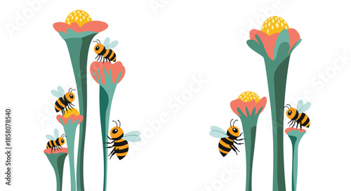 Cartoon bees collecting nectar from colorful stylized flowers on a white background.