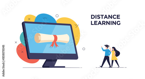 Digital diploma displayed on computer screen for distance learning students celebrating graduation.