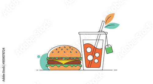 Flat illustration of a delicious burger and a refreshing glass of iced tea.