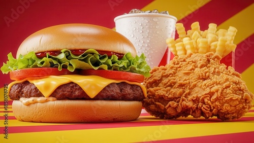 Low angle perspective fast food burger and crispy fried chicken combo meal on bold commercial advertising background