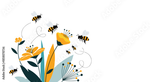 A cheerful illustration of busy bees flying around a variety of yellow flowers and green leaves, symbolizing nature and spring.