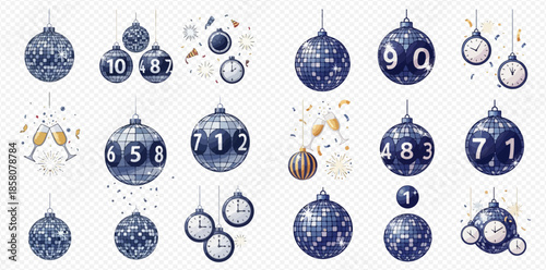 Set of disco ball countdown elements with clocks and confetti for New Year celebration.