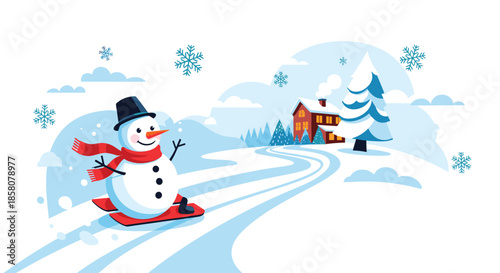 A cheerful snowman wearing a hat and scarf enjoys snowboarding down a snowy hill past a cozy cabin and evergreen trees in a winter landscape.