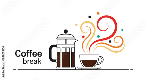 A simple illustration of a coffee break featuring a French press and a steaming cup of coffee with colorful abstract steam.