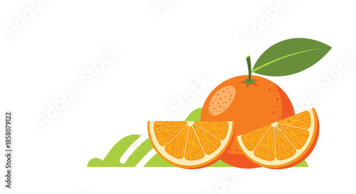 Vibrant illustration of a whole orange with stem and leaf, accompanied by two fresh, juicy orange slices and subtle green accents.