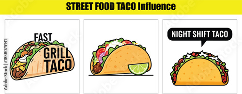 Three Cartoon Tacos With Text Labels For Street Food Influence fast food mexican food