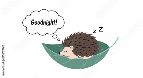 An adorable hedgehog peacefully slumbers in a cozy green leaf, with a thought bubble expressing goodnight and Zzz signs indicating sleep.