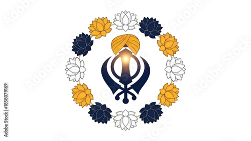 Sikh Khanda symbol with turban and lotus flowers spiritual devotion artwork for Sikh religion culture faith remembrance heritage festival background design for Guru Tegh Bahadur tribute