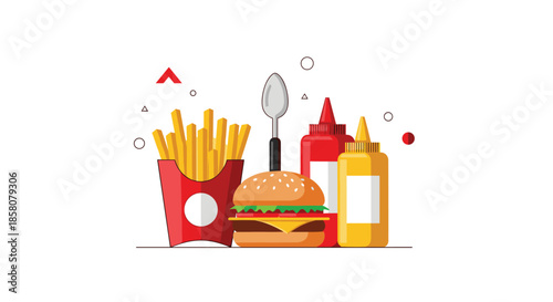 A colorful flat-design illustration of a popular fast-food spread featuring a hamburger, french fries, ketchup, and mustard.