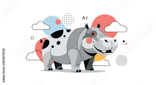 A friendly cartoon hippopotamus with black spots smiles in a modern flat design illustration, featuring abstract shapes, clouds, and a subtle AI graphic.