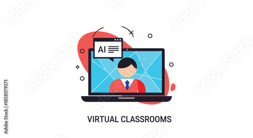 A person on a laptop screen with an AI chat bubble in a virtual classroom setting, representing artificial intelligence in online education.