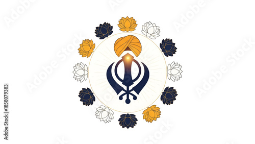 Sikh Khanda symbol with turban and lotus flowers spiritual devotion artwork for Sikh religion culture faith remembrance heritage festival background design for Guru Tegh Bahadur tribute