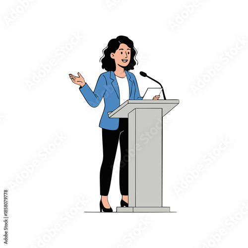 vector illustration of a woman giving a speech on a podium with a white background