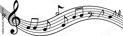 Black musical notes on a wavy stave line art vector illustration isolated on white background for music education and performance.