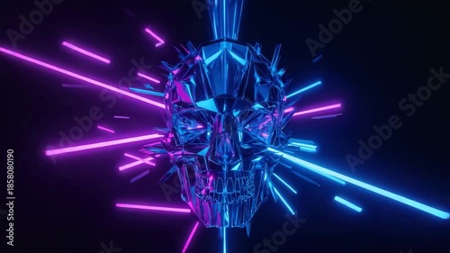 Stylized low-poly crystal skull rotating in space with neon pink and blue light streaks on a black background, VJ loop, 4K video.