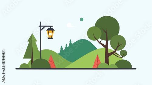 Stylized park landscape with trees and lamppost.