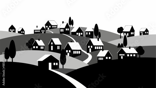 Stylized village scene with houses on rolling hills.