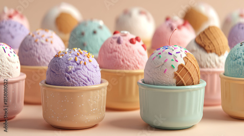 A colorful assortment of ice cream scoops in various flavors, served in decorative bowls, showcasing a delightful treat for dessert lovers.