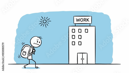 Tired stick figure with backpack walking towards a work building.