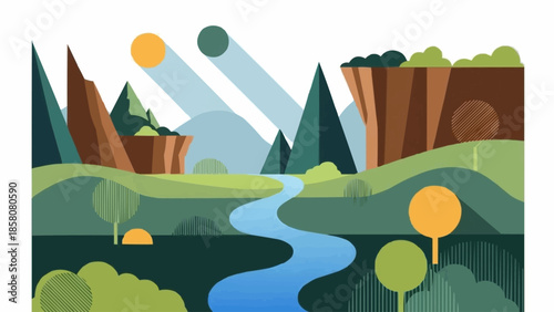 Stylized landscape with river and mountains under sunbeams.