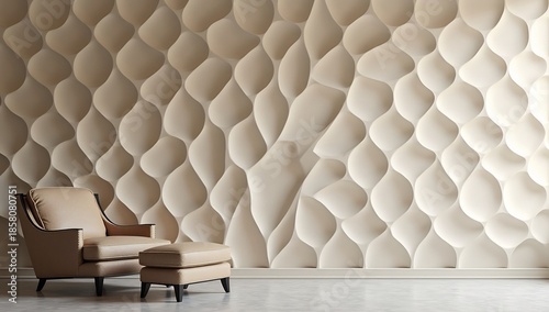 A modern room features a tan armchair and ottoman against a sculptural wavy 3D textured wall with a light floor
