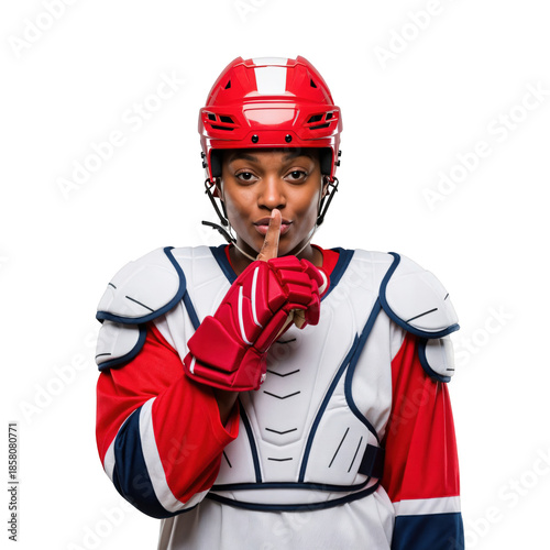 Female Ice Hockey Player in Gear Making Shushing Gesture for Silence on transparent background