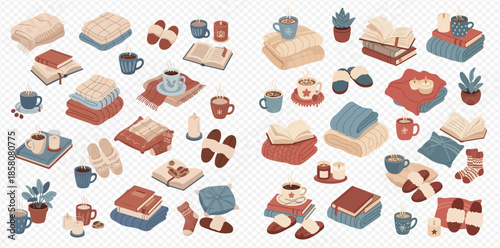 Cozy hygge collection with warm blankets, hot drinks, books, and slippers for comfort.