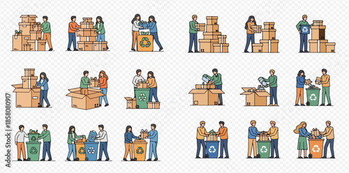 People sorting and recycling waste, packing and unpacking cardboard boxes for moving or donation, set of flat illustrations.
